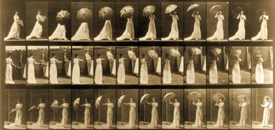 「動物の移動」シリーズの傘を開く女性、1887年頃 作： Eadweard Muybridge